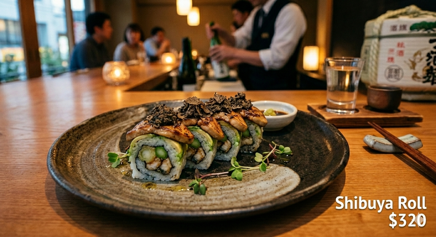 PD: alga, anguila y esparrago tempura
                                               PF: arroz con aguacate, foi gras flameado, tartufata de trufa.