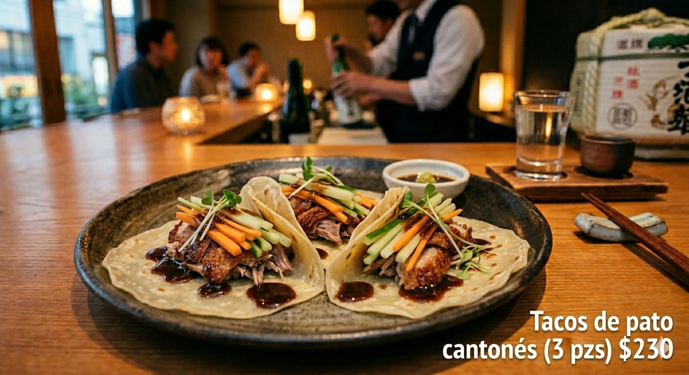 Base de tortilla crepa con zanahoria y pepino bañada en salsa hoisin